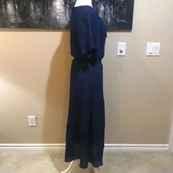 Luxology Blue Maxi Dress w/Short Bell Sleeves Gauzy material Tie Front Maxi-M - Picture 4 of 10